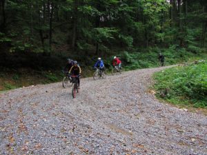 Širok makadamski put na spustu... MIlena predvodi mtb ekipu